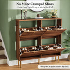 Shoe Storage Cabinet for Entryway, 4 Flip Drawers Shoe Cabinet, Mid-Century Modern Walnut Slim Shoe Storage Rack, Narrow Shoe Organizer, Wood Storage Cabinets with Adjustable Shelves