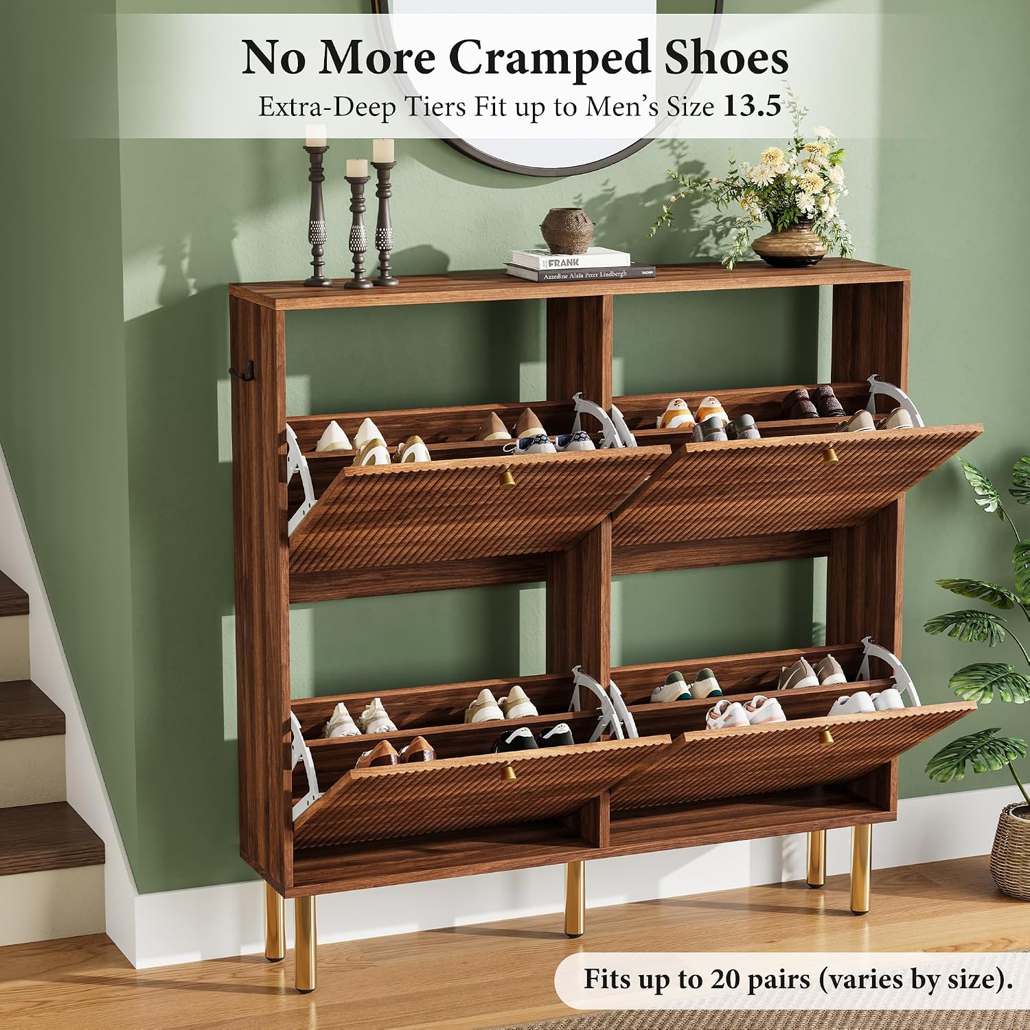 Shoe Storage Cabinet for Entryway, 4 Flip Drawers Shoe Cabinet, Mid-Century Modern Walnut Slim Shoe Storage Rack, Narrow Shoe Organizer, Wood Storage Cabinets with Adjustable Shelves