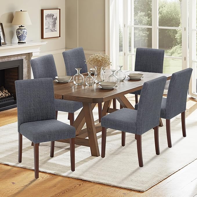 Upholstered Dining Chairs Set of 4 - Line Fabric Modern Farmhouse Kitchen Chairs,Mid-Back Dining Room Chairs with Wooden Legs