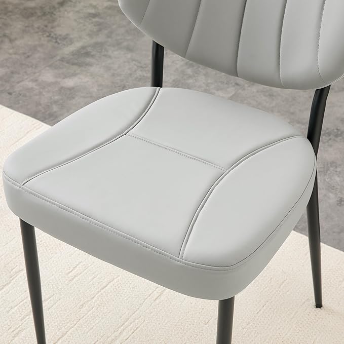 Modern Dining Chairs Set of 4, Grey Leather Dining Chairs for Dining Room and Kitchen, Dinning Chair with Oval Curved Backrest, Precision Stitching, Top Handle, 3.54" Thick Cushion Seat, Metal Legs