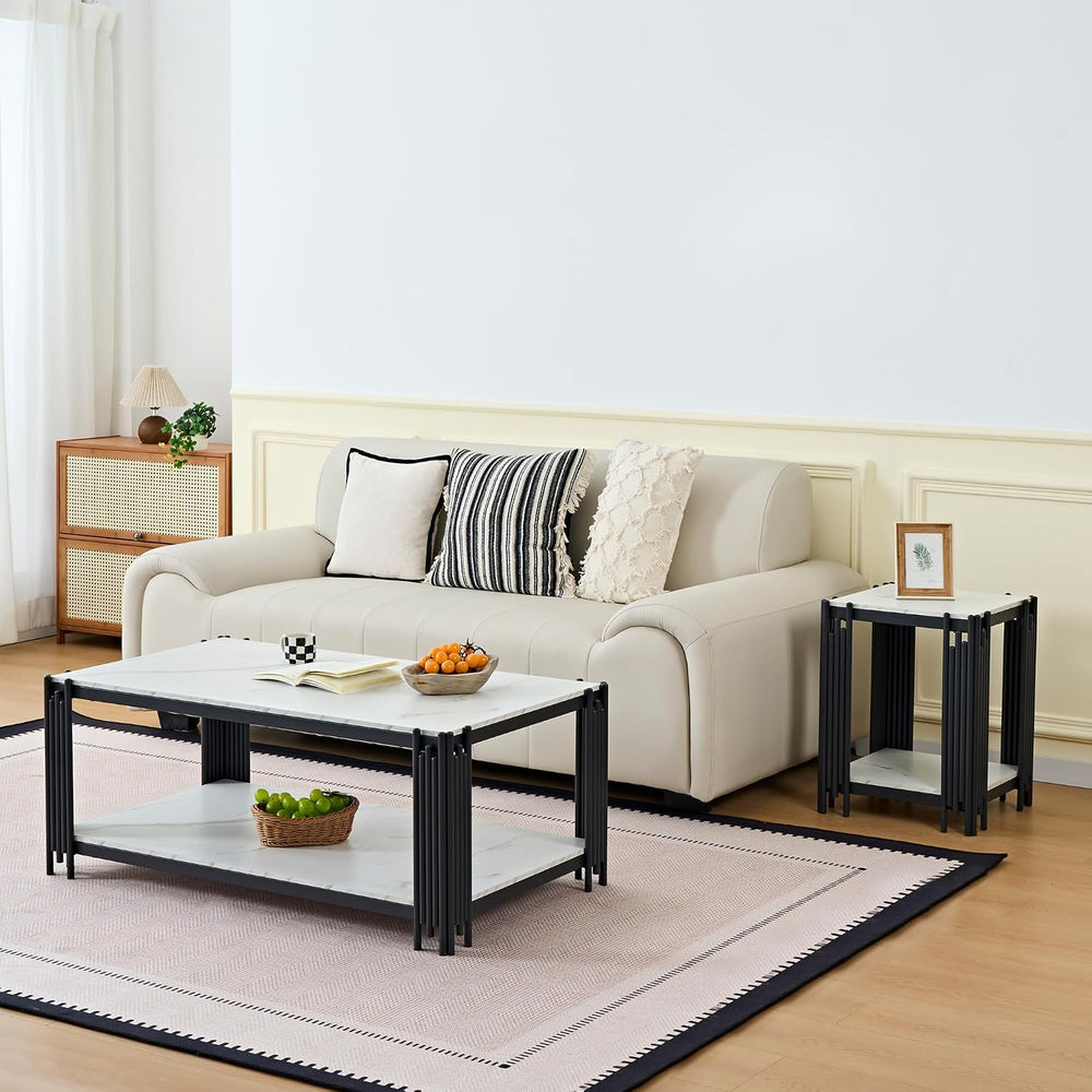 Modern 3-Piece Living Room Table Set, White Faux Marble Coffee Table and 2 En...