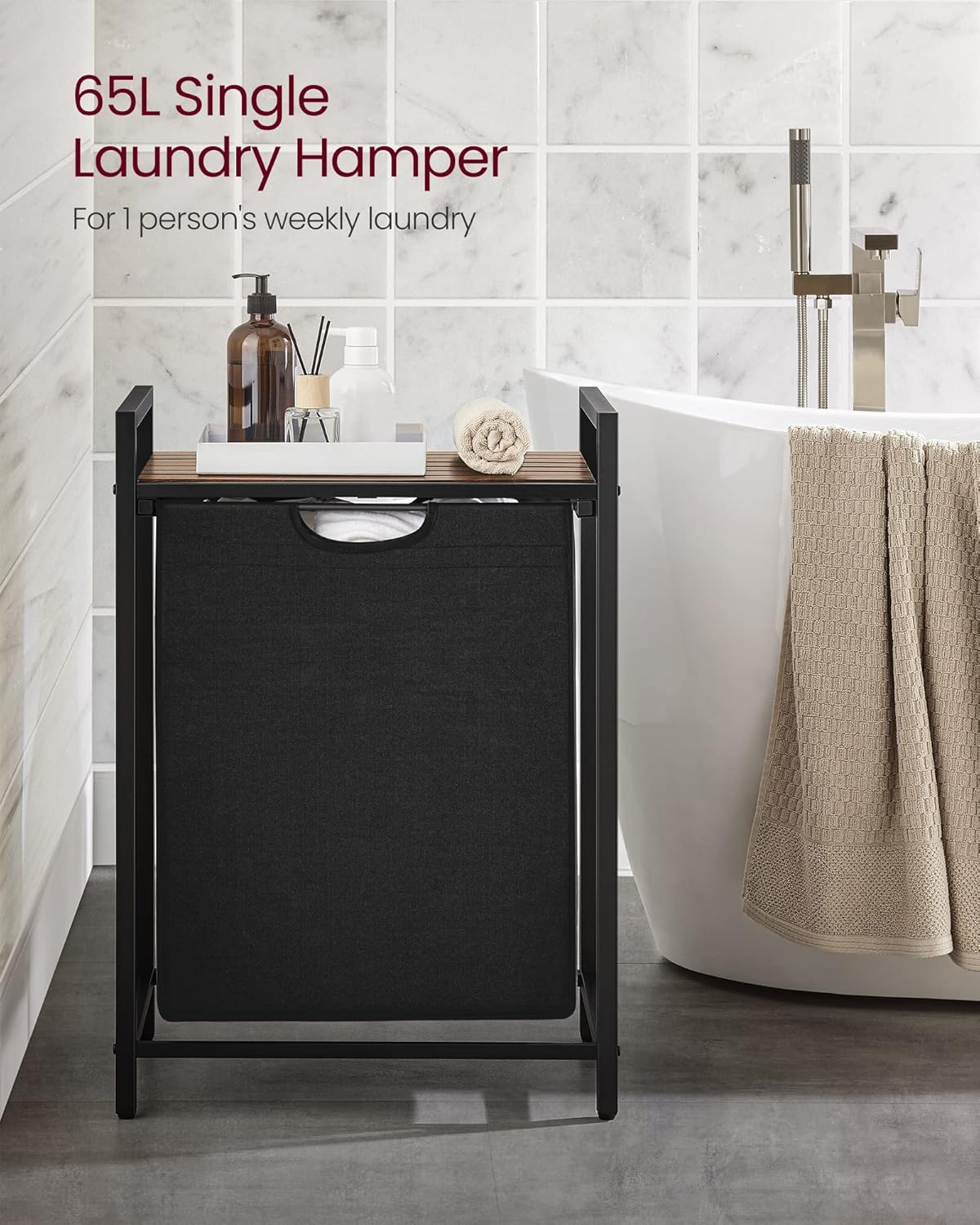 VASAGLE Laundry Hamper, Laundry Basket, Laundry Sorter with A Pull-Out and Removable Bag, Shelf, Metal Frame, 17.2 Gallons (65 L), 19.7 x 13 x 28.4 Inches, Black and Rustic Brown UBLH101B01