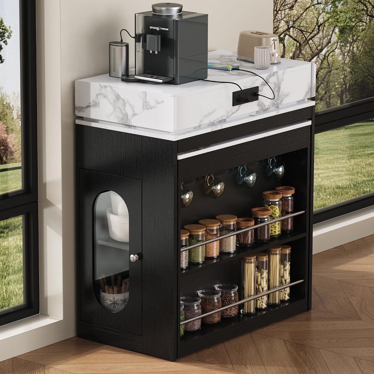 Quarte Kitchen Island with Extendable Table & Power Outlet Black | Kitchen island with extendable table,power outlet,2 drawers,storage cabinet,hooks,rolling wheels,bar table White Marble
