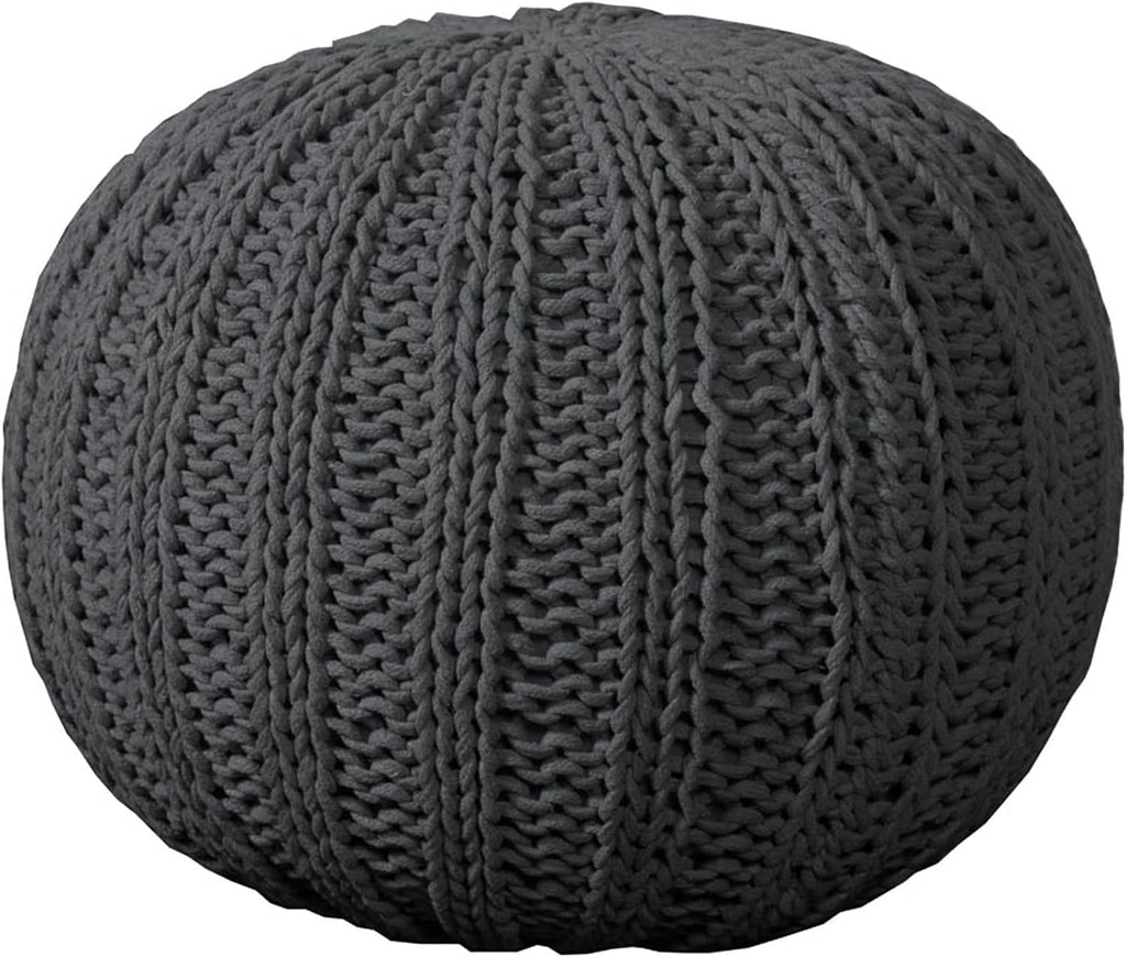 LR Home Black Cableknit Cotton Round Ottoman for Home Decor | Hand-Made Casual Foot Rest for Bedroom & Living Room Decor | 20 x 20 x 16 Stuffed Pouf for Seating