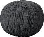 LR Home Black Cableknit Cotton Round Ottoman for Home Decor | Hand-Made Casual Foot Rest for Bedroom & Living Room Decor | 20 x 20 x 16 Stuffed Pouf for Seating