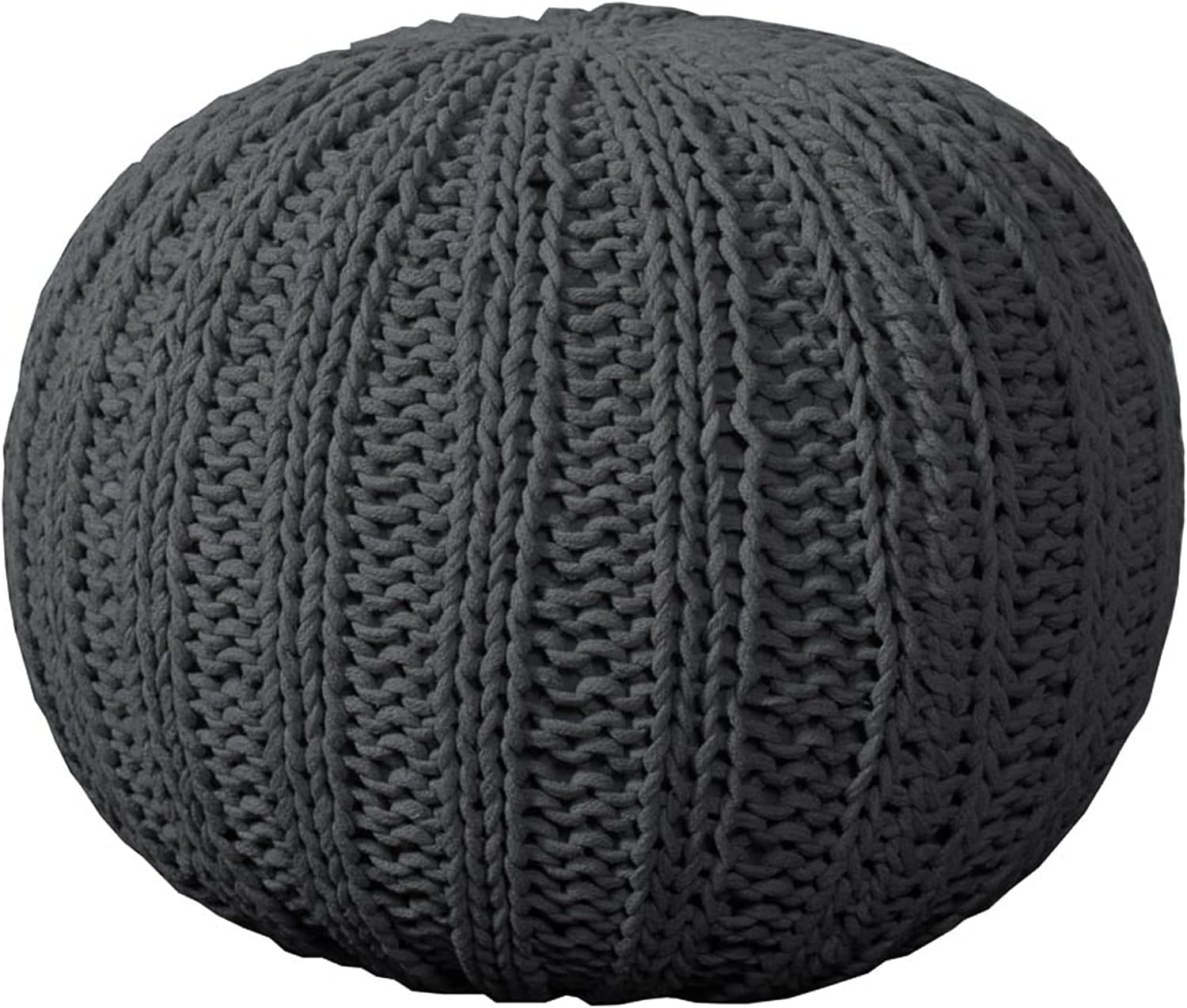 LR Home Black Cableknit Cotton Round Ottoman for Home Decor | Hand-Made Casual Foot Rest for Bedroom & Living Room Decor | 20 x 20 x 16 Stuffed Pouf for Seating