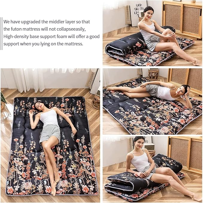 MAXYOYO Japanese Floor Mattress Futon Mattress, 4" Thicken Tatami Mat Sleeping Pad Foldable Roll Up Mat Boys Girls Dormitory Pad Kids Floor Lounger Pillow Bed, Charcoal Grey, Queen Size
