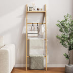 63" Bamboo Blanket Ladder with Shelf and 5 Hooks, Leaning Blanket Rack | 4 Tier Farmhouse Towel Ladder Rack, Decorative Quilt Rack Holder for Living Room Bedroom Bathroom, Natural Wood