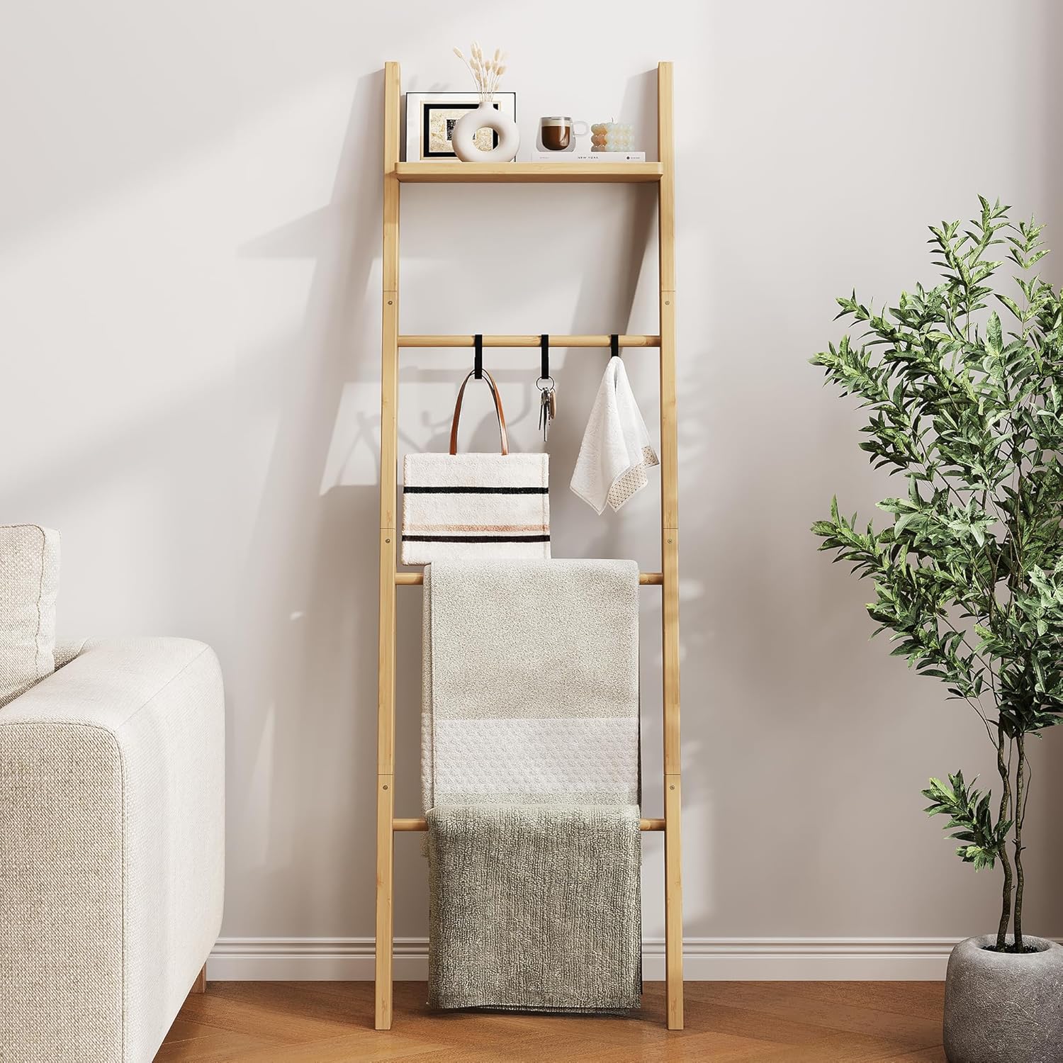 63" Bamboo Blanket Ladder with Shelf and 5 Hooks, Leaning Blanket Rack | 4 Tier Farmhouse Towel Ladder Rack, Decorative Quilt Rack Holder for Living Room Bedroom Bathroom, Natural Wood
