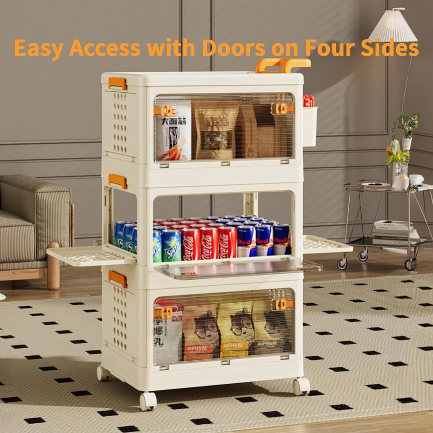 58 QT Stackable Storage Bins with Lids, Rolling Storage Cart with Clear Doors, Utility Storage Organizer Cart Drawer, Plastic Cabinet Storage Containers for Home, Office, Kitchen, Bedroom, White