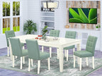 East West Furniture LGAS7-LWH-43 7 Piece Dining Set Contain A Mid Century Table and 6 Willow Green Polyester Fabric Mid Century Modern Dining Chairs, Linen White