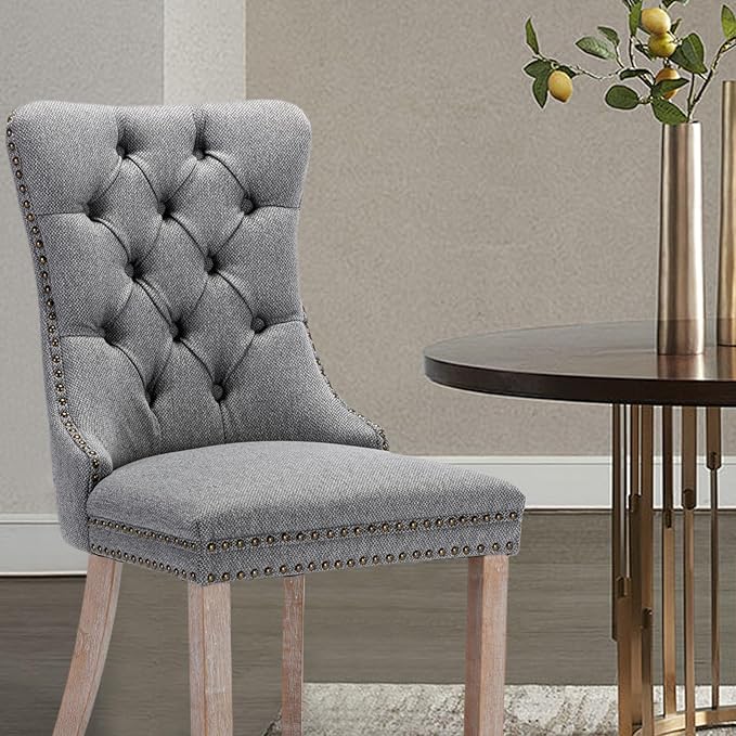Linen Upholstered Dining Chairs Set of 2, Modern Style Kitchen Side Chairs with Nailhead Trim and Wood Leg, Metal Pulling Ring for Dining Room Living Room(Smoky Gray,Set of 2)
