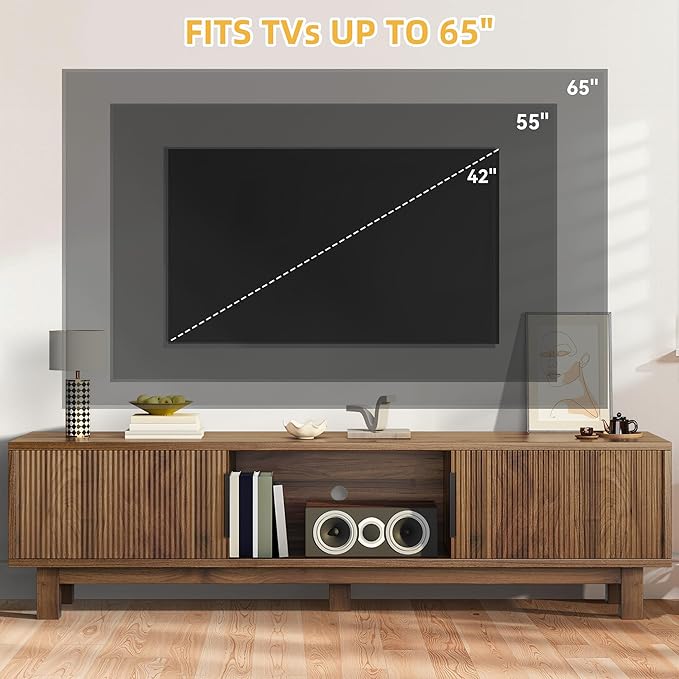 DWVO Fluted TV Stands for Living Room, Entertainment Center for TVs up to 65 Inch, Mid Century Modern Media Console with Power Outlets & Storage Compartments, 59" Long TV Cabinet, Walnut