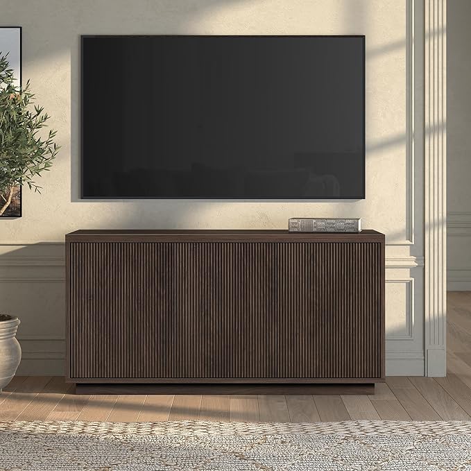 Henn&Hart Fluted TV Stand for TVs up to 55" with 3 Swing Out Ribbed Doors and Adjustable Shelves for Living Room, Family Room, or Office, Warm Brown