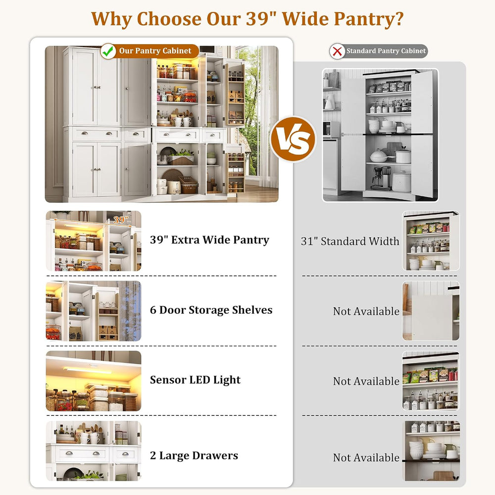71"H Tall Kitchen Pantry Cabinet with LED Lights,39"W Modern Large ...