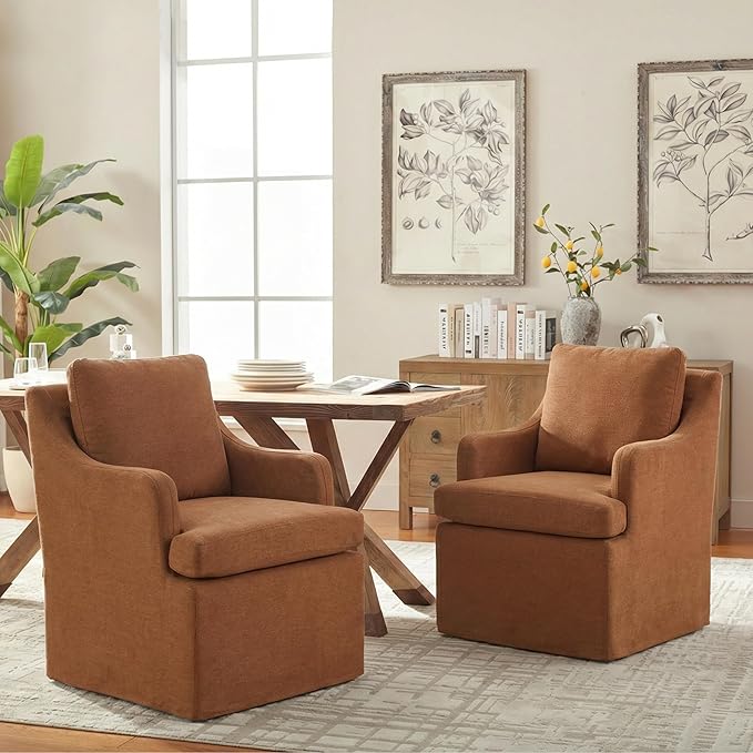 VKNOW Upholstered Dining Chairs, Modern Kitchen Chairs Dinner Chairs with 4 Casters, Chenille Armchair for Bedroom Reading Room Living Room, Orange