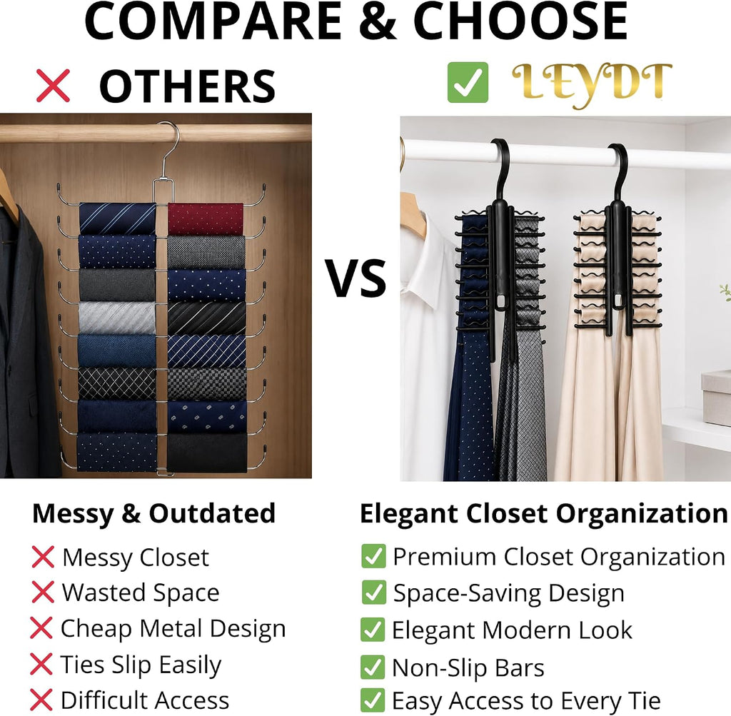 Tie Hanger for Men – 2 Pack Space-Saving Tie Organizer for Closet – Durable Plastic Scarf & Belt Hanger – 20-Tie Capacity Rack, Black – Closet Organizer for Ties, Scarves & Accessories