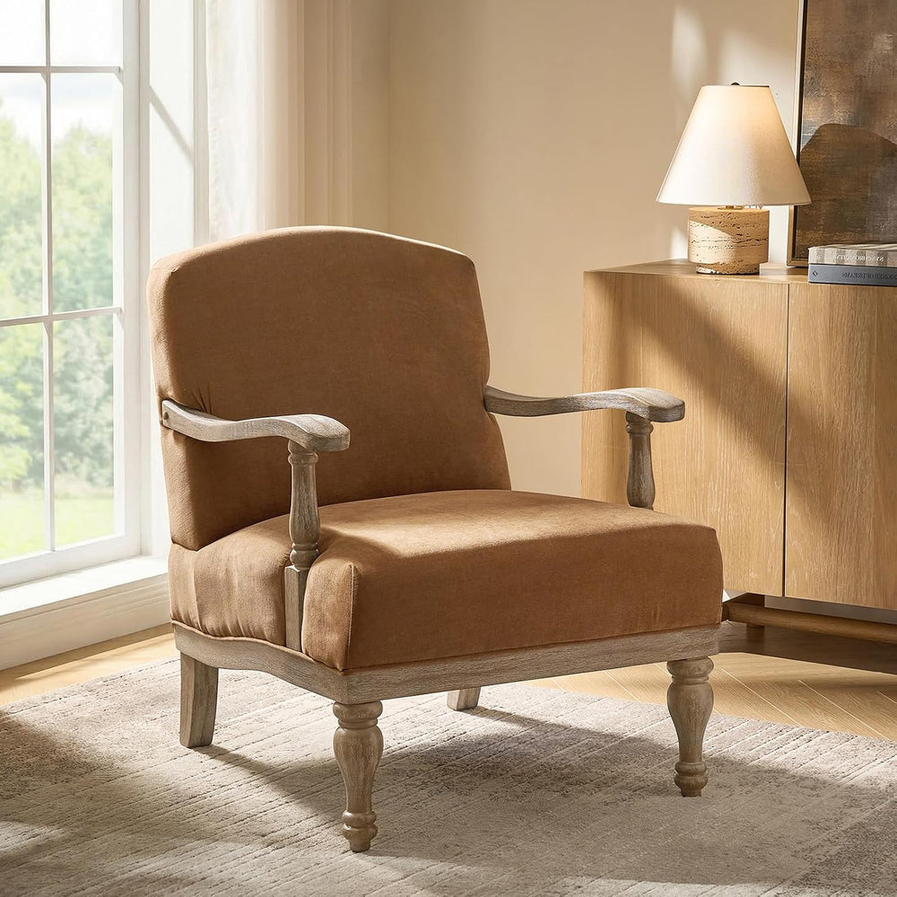 HULALA HOME Farmhouse Accent Chair with Solid Wood Frame, Caramel