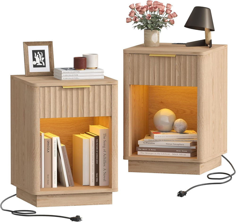 Akxomel Fluted Nightstand Set 2 Bedside Table with Charging Station Oak | Woo...