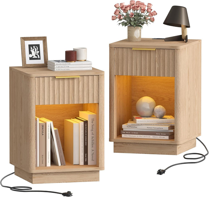 Akxomel Fluted Nightstand Set 2 Bedside Table with Charging Station Oak