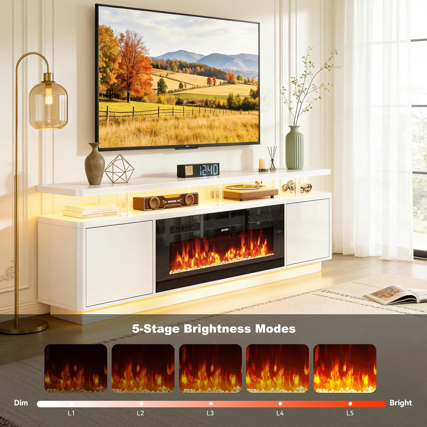 oneinmil 70" White Fireplace TV Stand for Living Room, Electric Fireplace Entertainment Center with Dual LED Lights & Storage Cabinets, Fits TVs up to 80", Media Console for Home Office, White