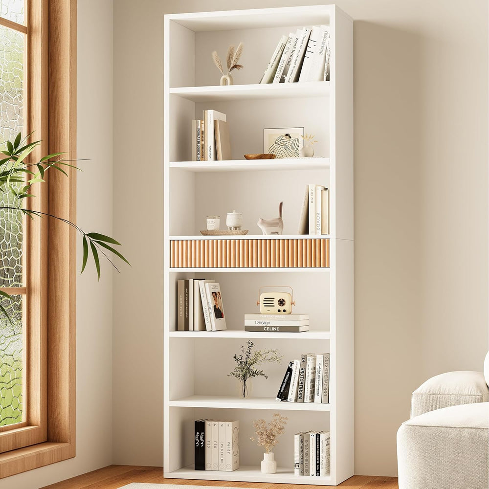 INNOD 72" Tall Bookshelf with Storage, 7-Tier Bookcase Fluted with Drawe...