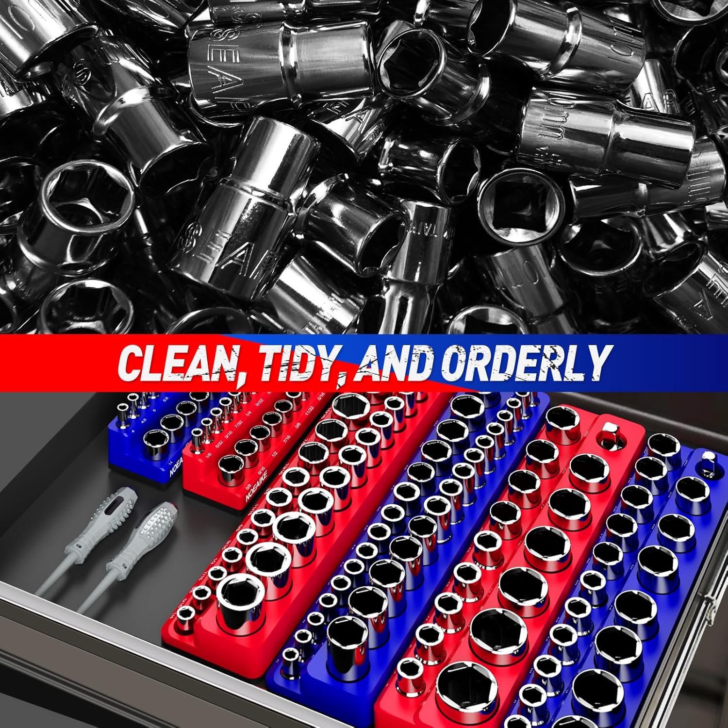 1/4 Inch Magnetic Socket Organizer,2-Pack Metric &SAE Sockets Holder Set 1/4" Drive Socket Trays,Holds 52 Pcs Standard and Deep Size Sockets(Socket not Included)