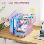 Marbrasse Desk Organizer and Accessories, 3-Tier File Organizer with Drawer and Pen Holder, Small Desktop Organizer and Storage for Workspace Office Supplies Pink