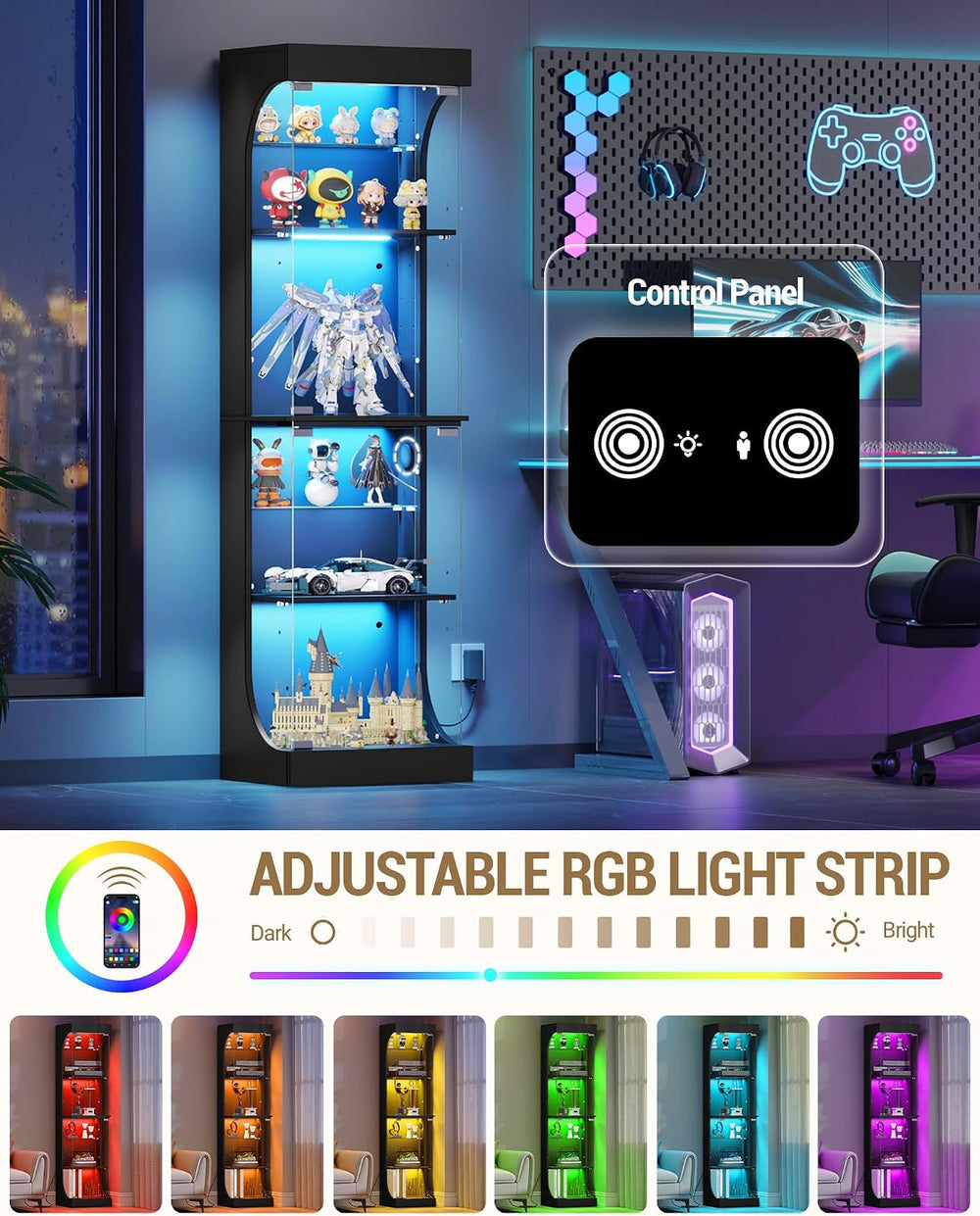 Hzuaneri Glass Display Cabinet 4-Tier Display Case with RGB Lights Black | Cu...