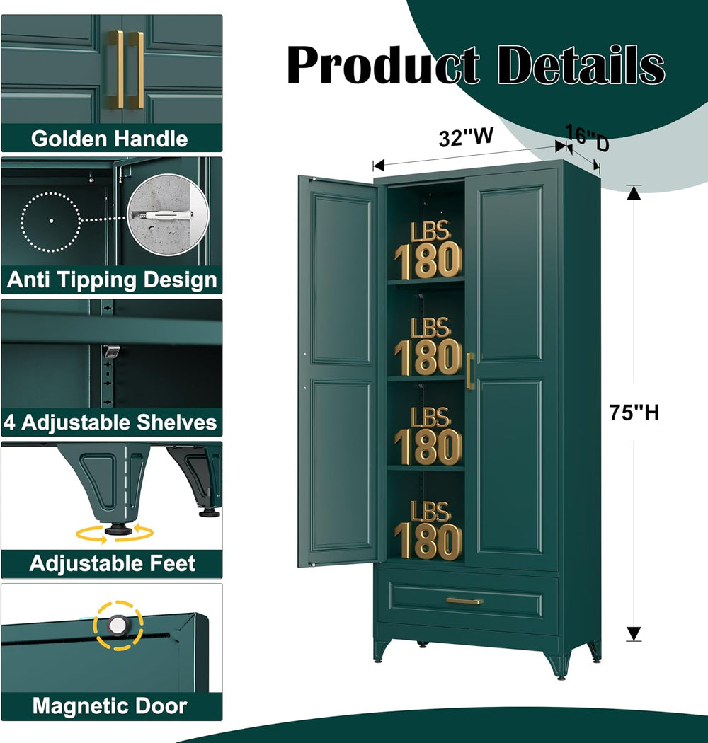 SteeLoong 75" Kitchen Pantry Cabinet with Drawer, Metal Storage Cabinets...