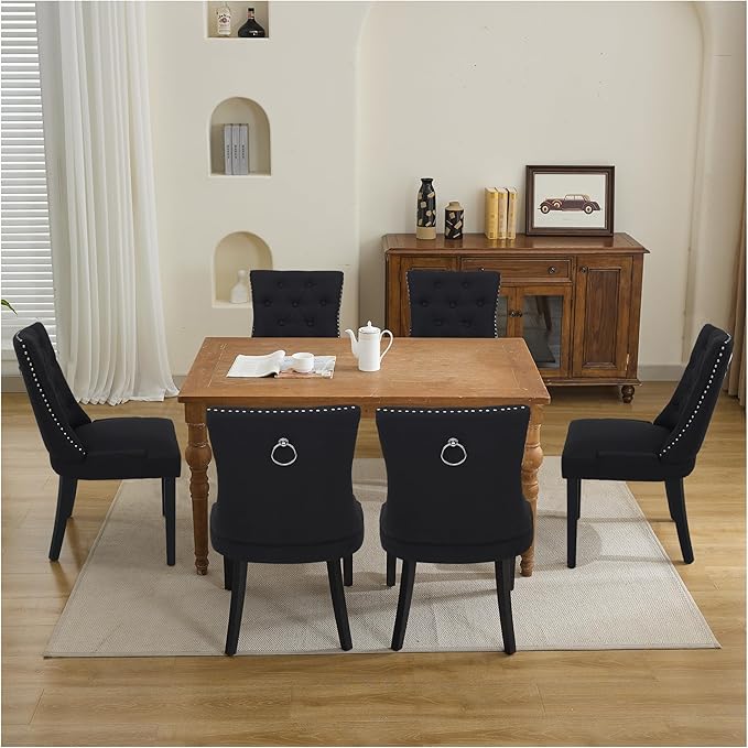 Upholstered Dining Chairs with Arms, Set of 2, Dining Room Chairs with Solid Wood Legs and Tufted Backrest (Black, 2PCS (Regular Size))