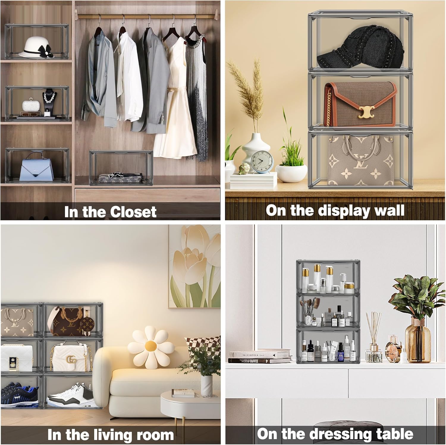 2 Pack Shoe Organizers Storage Boxes for Closet Clear Plastic Stackable Shoe Box Storage Bins with Lids, Under Bed Shoe Containers for Entryway, Size 12 Gray