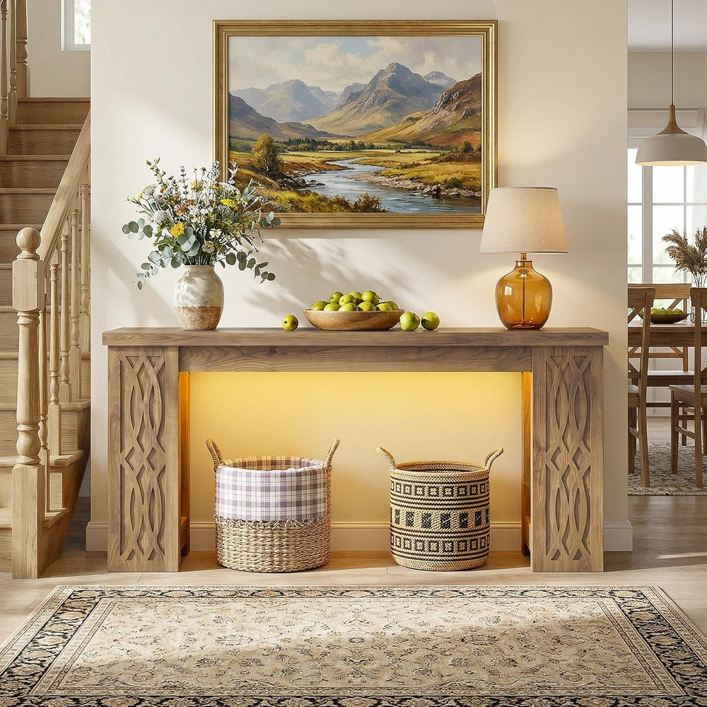 Cyclysio 63" Console Table with Outlet & Colorful LED Lights, Natura...