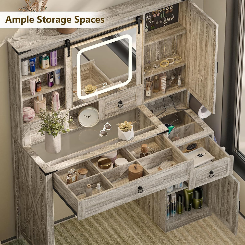 Farmhouse Vanity Desk with Mirror and Lights, 42” Makeup Vanity with Charging...