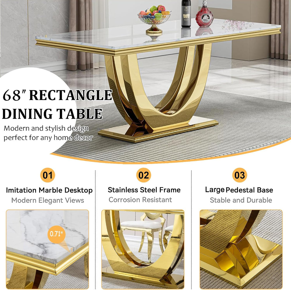 68" Marble Dining Table Set for 6, Luxury White Gold Kitchen Table with ...
