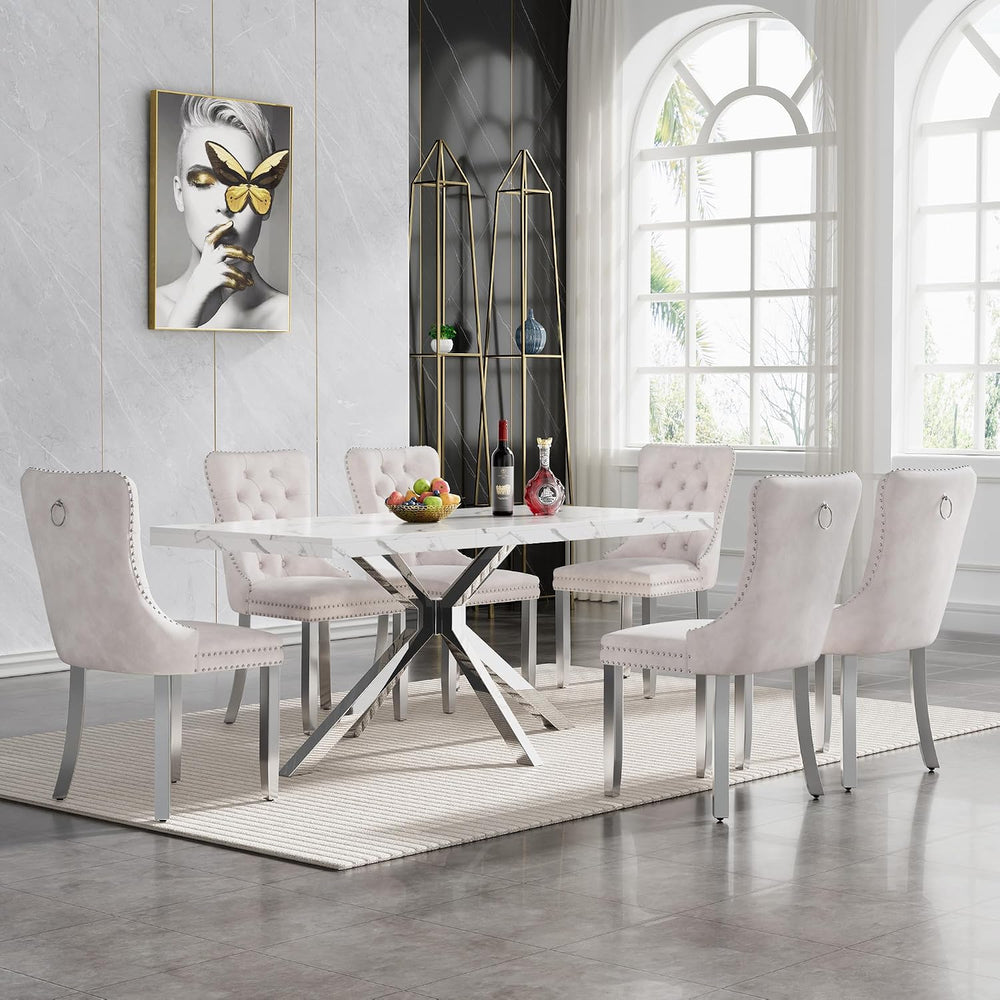 70 inch Faux Marble Dining Table for 4-6, Modern Kitchen Table with White Fau...