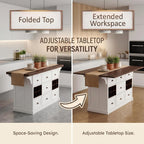 ECACAD 70.9" W Kitchen Island with Folding Drop Leaf, Extendable Stationary Storage Island with Wine Racks & 7 Drawers, Kitchen Prep Table with Wood Grain Tabletop for Dining Room, White & Brown