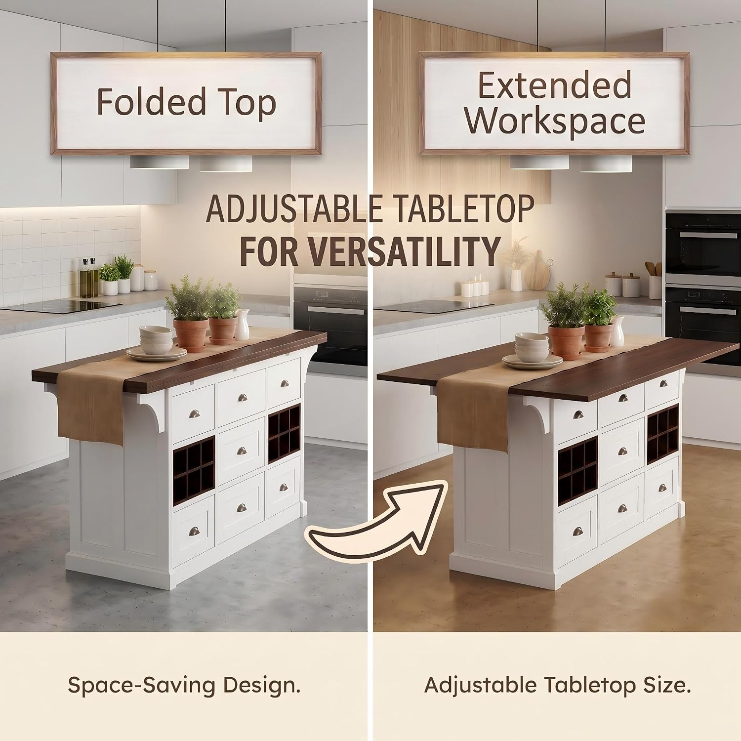 ECACAD 70.9" W Kitchen Island with Folding Drop Leaf, Extendable Stationary Storage Island with Wine Racks & 7 Drawers, Kitchen Prep Table with Wood Grain Tabletop for Dining Room, White & Brown