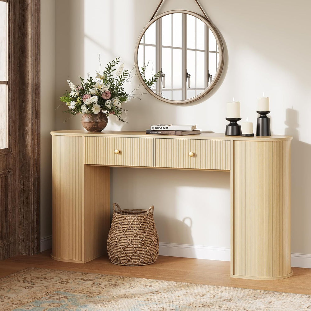 59" Fluted Console Table with 2 Drawers - Wood Entryway Table with Stora...