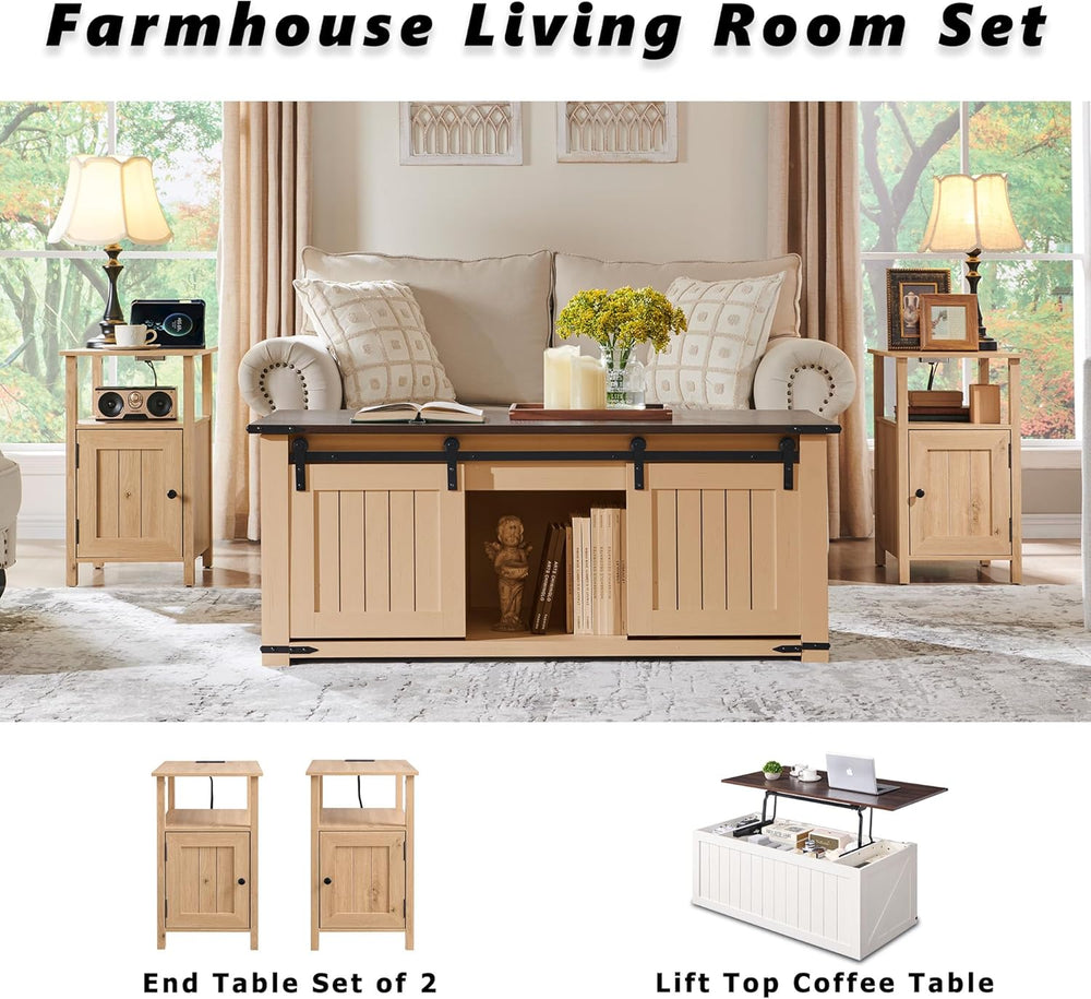 IFGET Farmhouse Nightstand Set of 2, End Table with Charging Station, Rustic ...