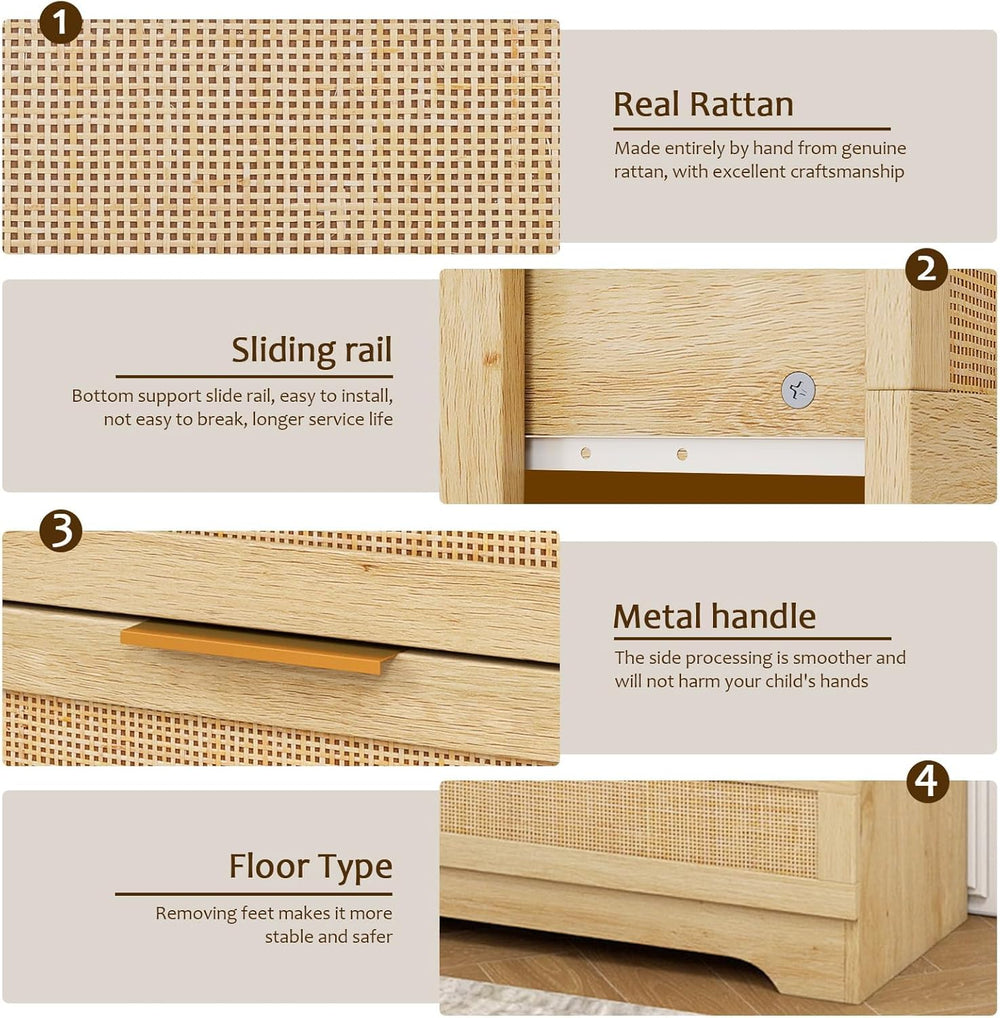 HOPUBUY Living Room Table Sets, Boho Large Drawer | Natural,Rattan TV Stand C...