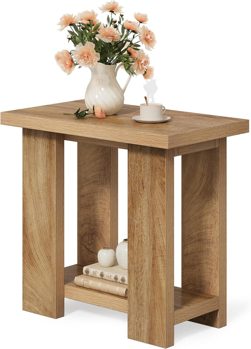 LITTLE TREE 2-Tier Side Table, Farmhouse End Table with Storage Shelves, Smal...