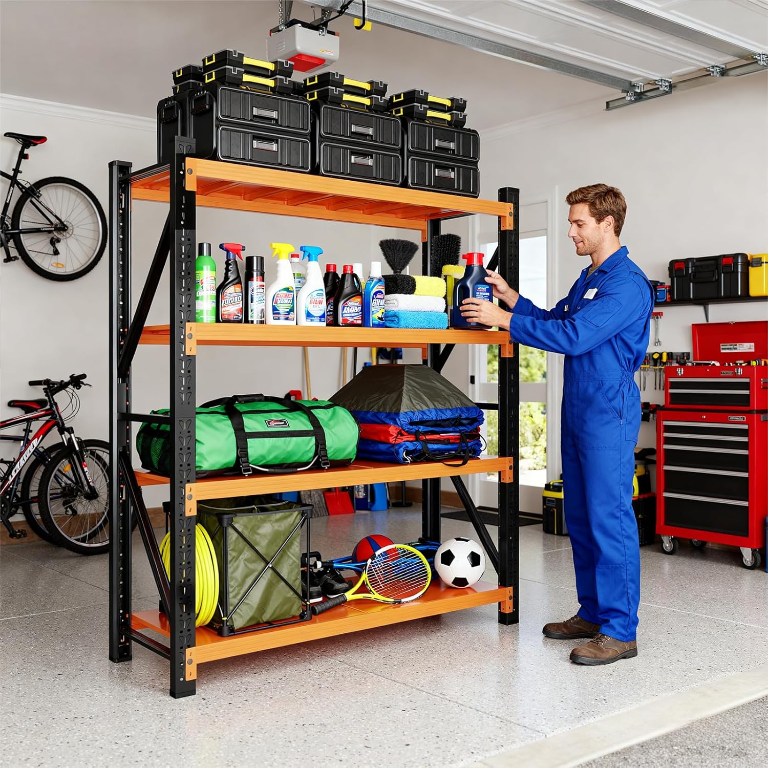 79" H Garage Shelving,3500LBS Heavy Duty Storage Rack,4 Tiers Metal Storage Rack Shelf, Adjustable Shelving Unit for Garage,Kitchen,Warehouse,Basement,78.7" H x 47.2" W x 19.6" D,Black&Orange