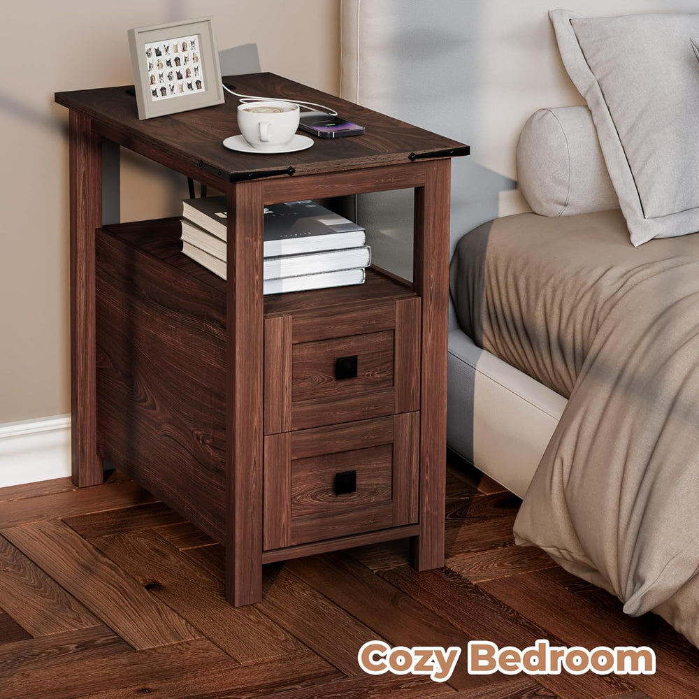 VVFLU Farmhouse End Table with Charging Station and 2 Storage Drawers, Cherry...