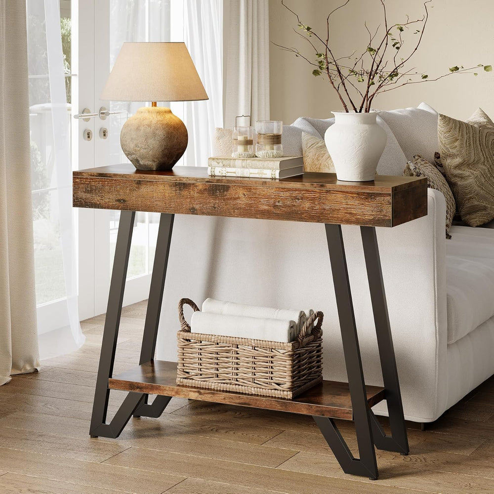 LITTLE TREE 41-Inch Console Table with Geometric Metal Frame, Rustic Brown, E...
