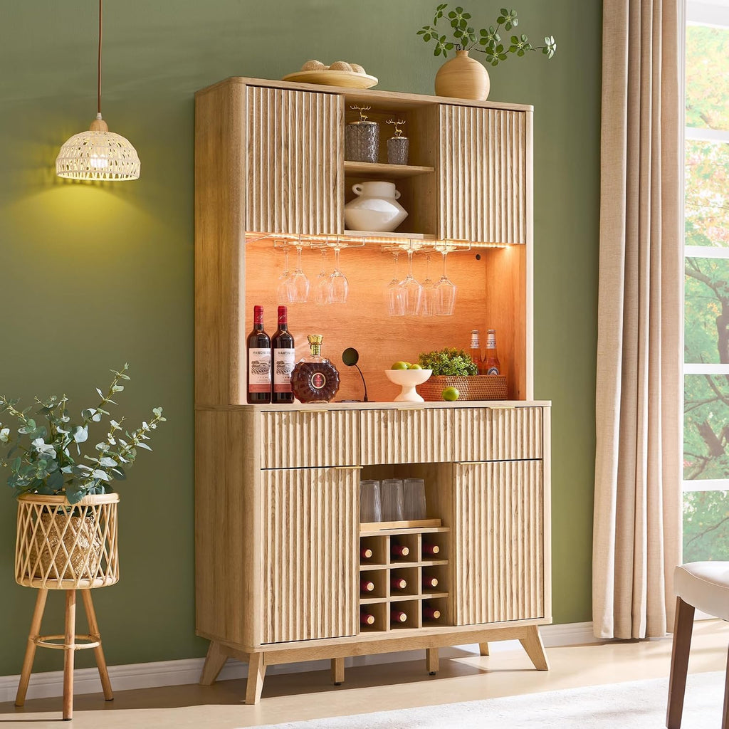 OKD 72" Tall Coffee Bar Cabinet, Fluted Wooden Wine Cabinet, Natural Oak | Power Outlets, Led Lights, 4 Stemware Racks, 9 Wine Racks, 3 Drawers, 4 Cabinets, 2 Open Shelf, Home Bar Storage