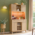 OKD 72" Tall Coffee Bar Cabinet, Fluted Wooden Wine Cabinet, Natural Oak | Power Outlets, Led Lights, 4 Stemware Racks, 9 Wine Racks, 3 Drawers, 4 Cabinets, 2 Open Shelf, Home Bar Storage
