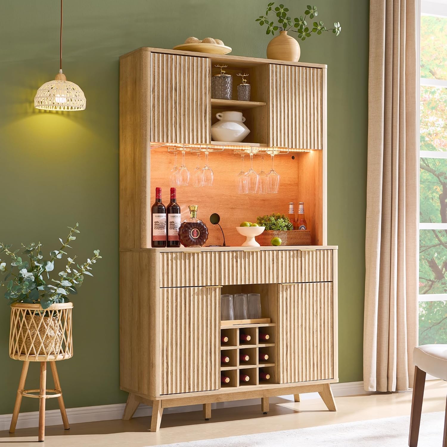 OKD 72" Tall Coffee Bar Cabinet, Fluted Wooden Wine Cabinet, Natural Oak | Power Outlets, Led Lights, 4 Stemware Racks, 9 Wine Racks, 3 Drawers, 4 Cabinets, 2 Open Shelf, Home Bar Storage