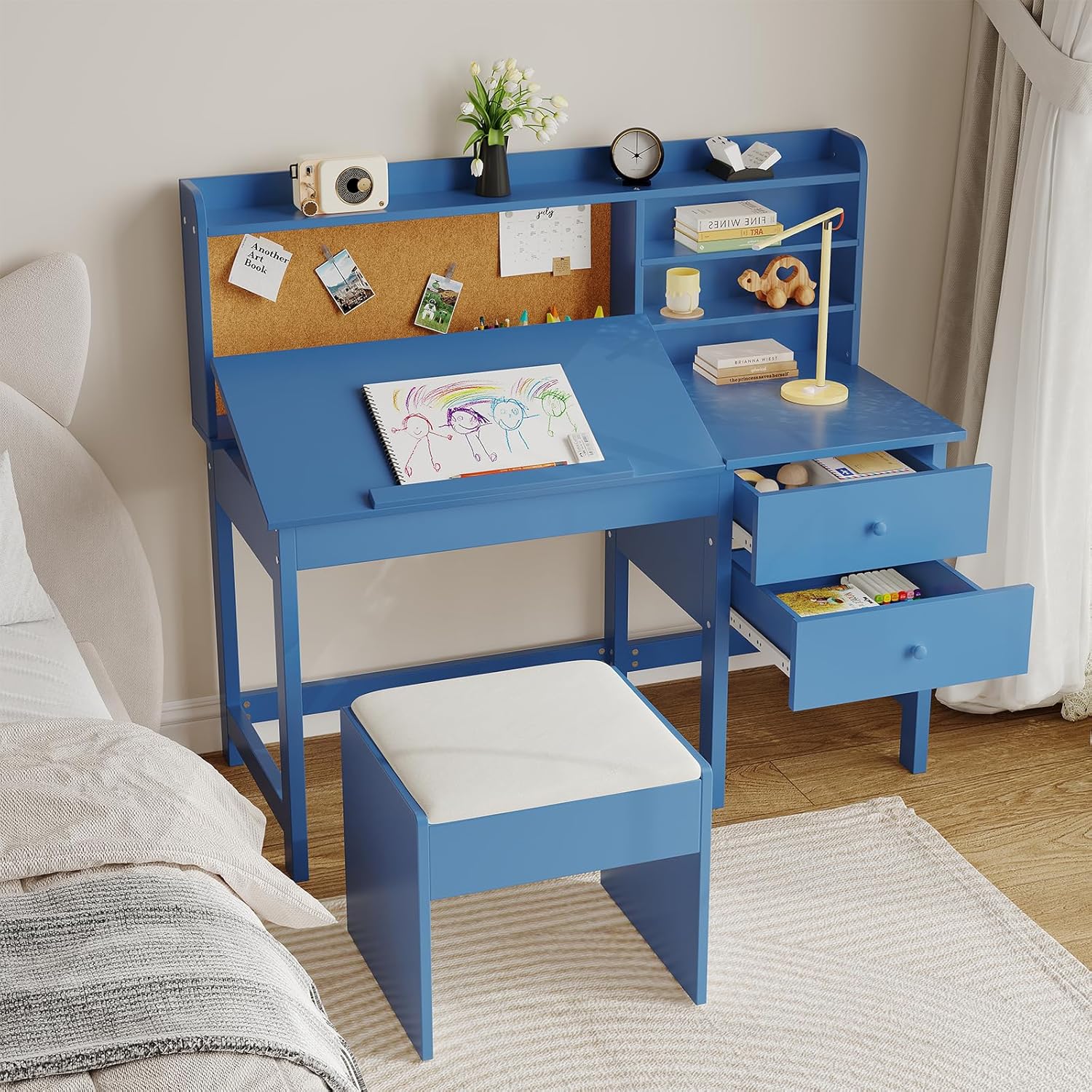 Garvee Kids Desk and Chair Set, Wooden Study Table with Adjustable Tilt Desktop, Drawers & Cork Board - Children School Learning Desk Set for Boys & Girls Ages 3-8, Blue