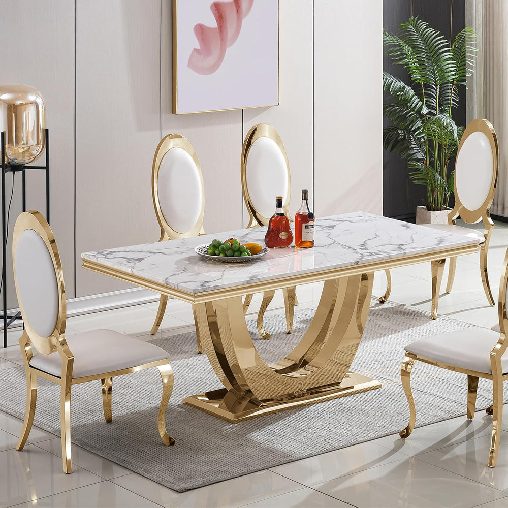70" White Marble Dining Table, Luxury Kitchen Table for 6 8, Large Recta...